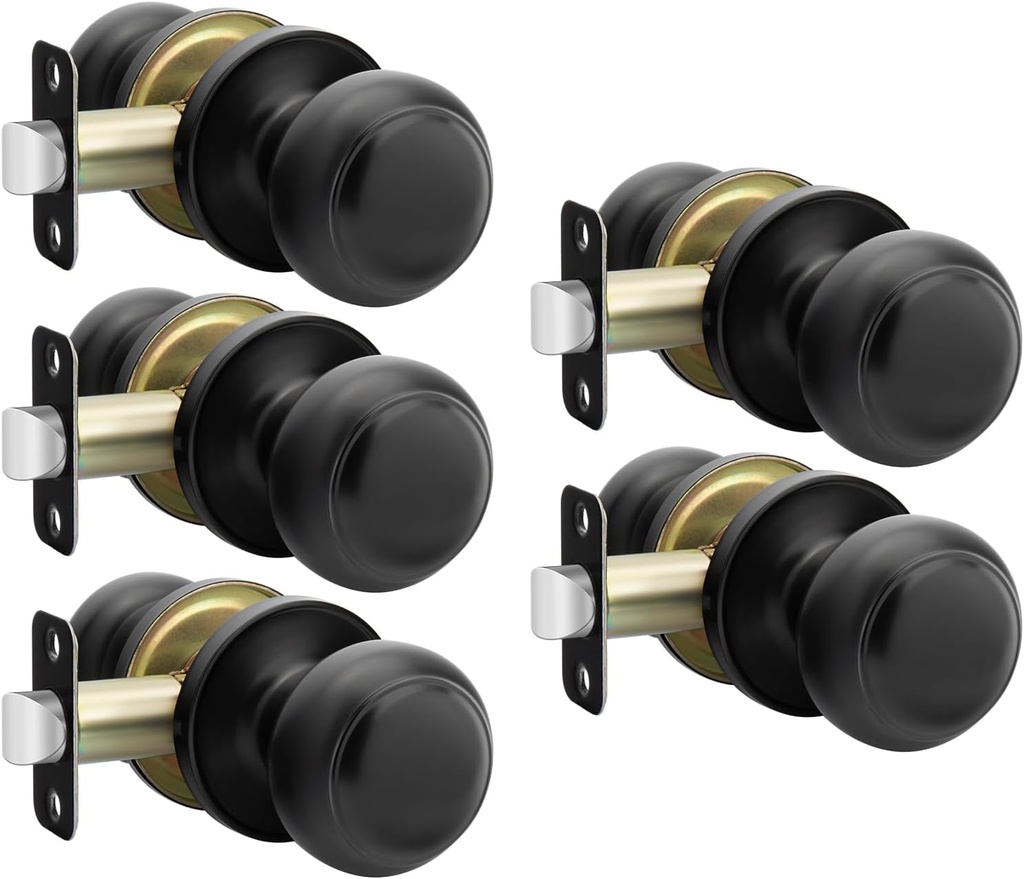 Haidms Black Passage Door Knobs Interior, Classic Matte Black Interior Door Lock knobs Closet, Round Black Closet Door Knobs Set for Hallway(5 Pack)