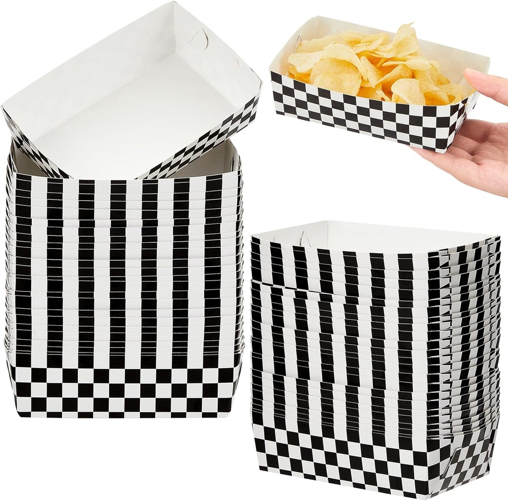 100 Pieces Checkered Paper Food Trays 2 lb Race Car Birthday Party Supplies Plaid Black and White Popcorn Trays Hot Dog Chips Baskets Small Food Boats, Need to Assemble