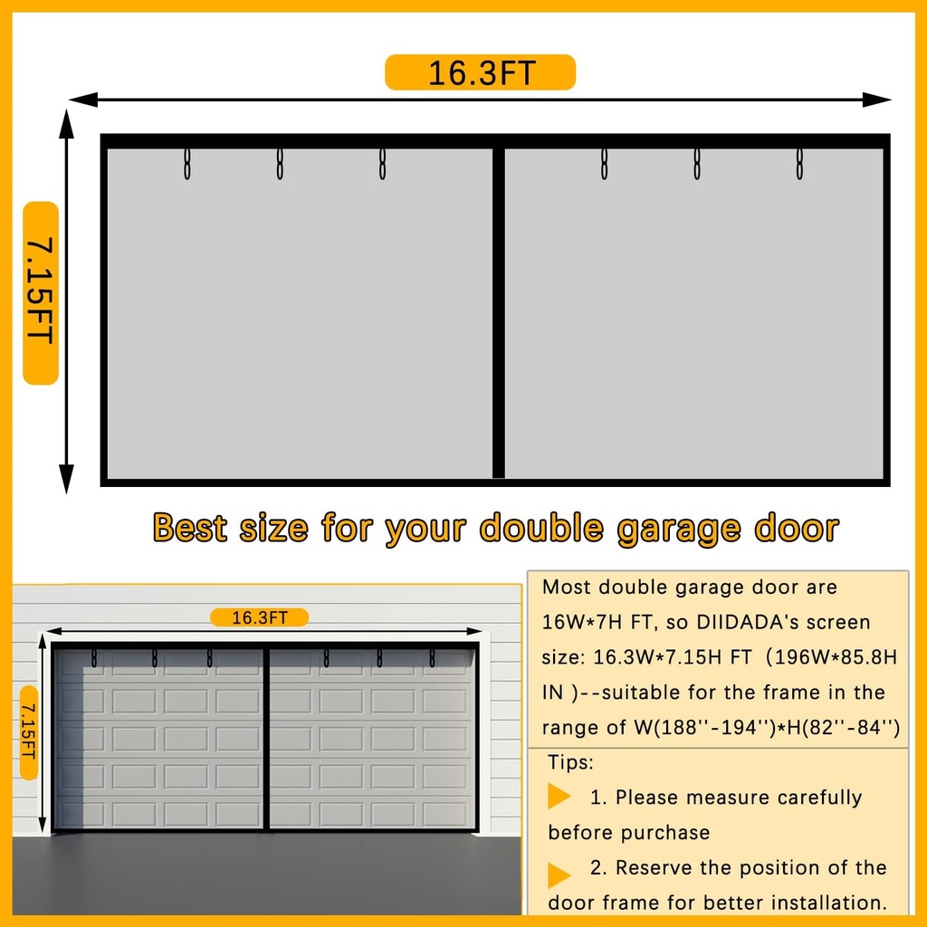 Fiberglass Magnetic Garage Screen Door - Double 16x7ft (2 car) Hands Free Mesh Screen Door，DIY Retractable Garage Door Screen with 6 Roll Up Starps (Fit 16 Ft W * 7 Ft H-A)