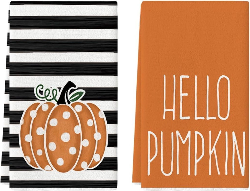 Artoid Mode Orange Polka Dot Stripes Hello Pumpkin Fall Kitchen Towels Dish Towels, 18x26 Inch Farmhouse Decoration Hand Towels Set of 2