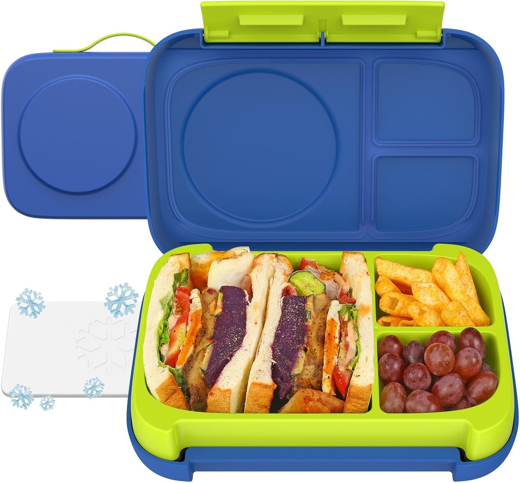 Caperci Heavy Duty Bento Lunch Box with Ice Pack for Big Kids & Adults - Holds 5.5 Cups Leak-Proof 3-Compartment Lunch Containers, Microwave/Dishwasher Safe, BPA-Free (Blue)