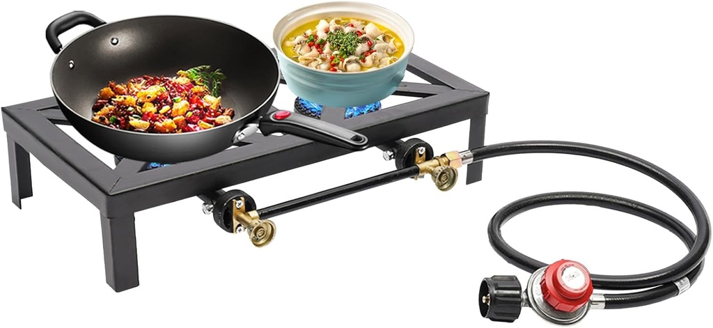 Portable Double Burner Outdoor Gas Stove, Outdoor Burner Gas Stove, Outdoor Burners Cast Iron Stove with Propane Regulator Hose,for Patio Camping, BBQ