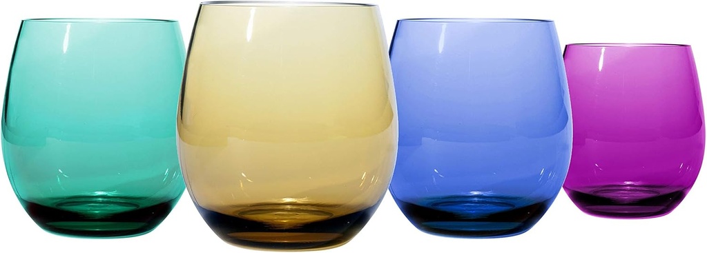 Oenophilia Plastic Stemless Wine Glasses Jewel Tone Colors - Set of 4, multicolor, 16 oz