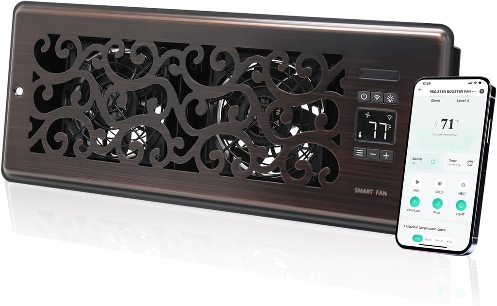 Register Booster Fan for 4" x 12" Register Holes, Quiet Vent Fan Booster with Intelligent Thermostat, Improves Heating Cooling, App Control, 10-Speeds, Charleston Smart Register Vent, ORB