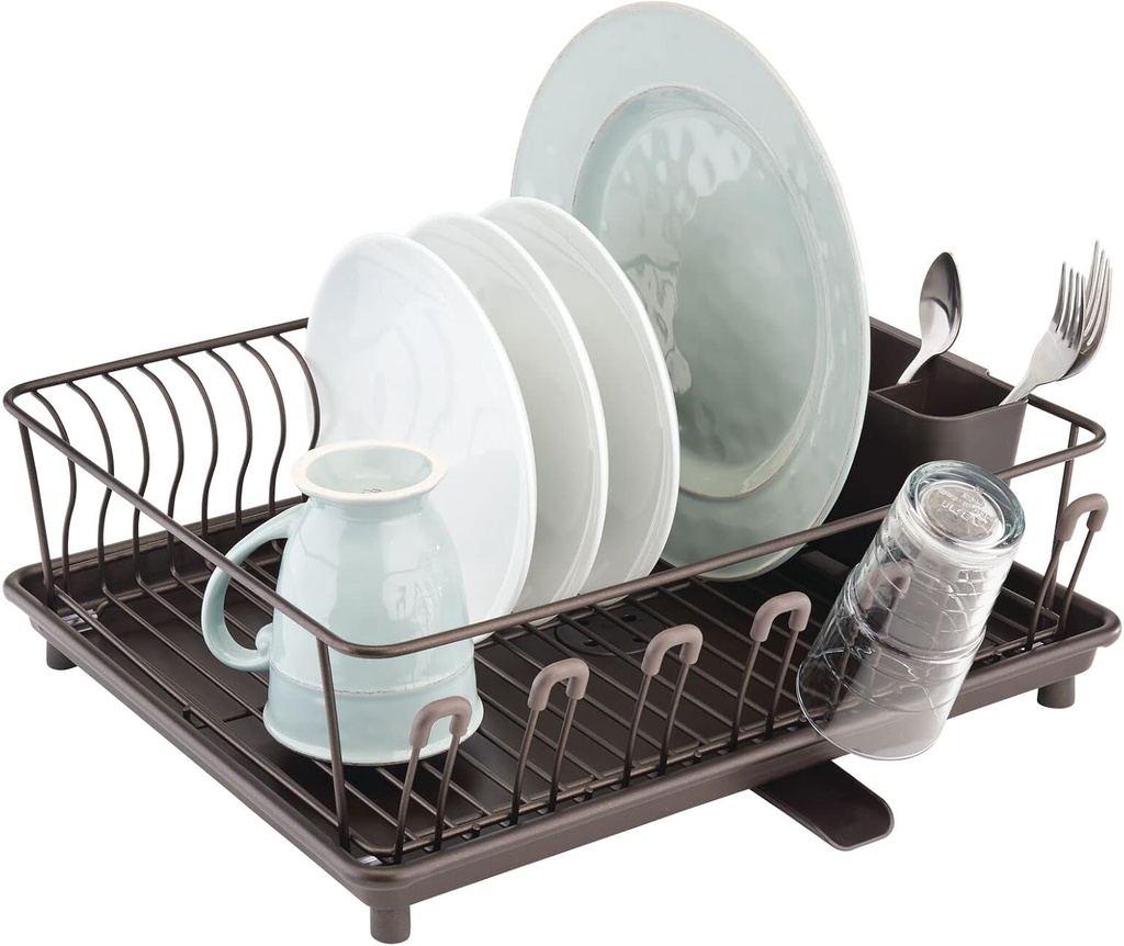 mDesign Alloy Steel Sink Dish Drying Rack Holder with Plastic Swivel Spout Drainboard Tray - Dish Rack/Dish Drainer Storage Organizer for Kitchen Counter - Concerto Collection, Bronze