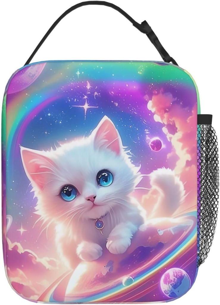 Cat Lunch Box Bag Starry Sky Cats Lunch Bag White Kitty Colorful Planet Lunch Boxes Bags With Handle For Girls Boy Kids Women Men School Work Picnic Travel Hiking Beach Fishing Camping