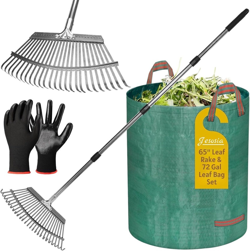 Garden Rake for Leaves with Leaf Bag & Gloves - 65 Inch Adjustable 25 Tines Metal Rake Set with 72 Gallon Reusable Yard Waste Bags for Gardening Lawns Outdoor Camping Shrub Grass Bush