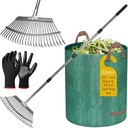 Garden Rake for Leaves with Leaf Bag & Gloves - 65 Inch Adjustable 25 Tines Metal Rake Set with 72 Gallon Reusable Yard Waste Bags for Gardening Lawns Outdoor Camping Shrub Grass Bush