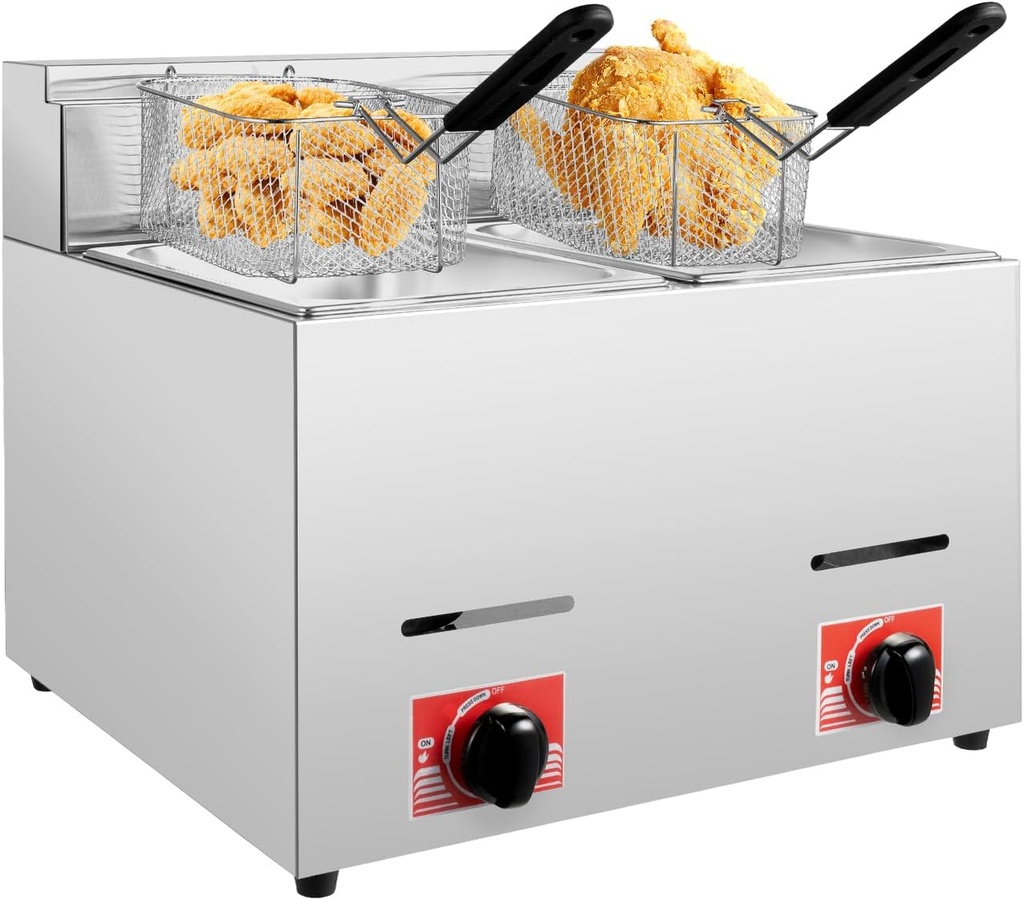 Commercial Propane Deep Fryer, 10.6 Qt Oil Fryer, Countertop Double-layer Stainless Steel Gas Fryers with 2 Suspended Frying Baskets & 2 Fire Control Switches for Restaurants Licensed Stalls