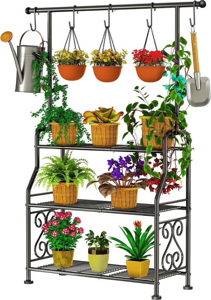 GIOTORENT Plant Stand Indoor, 3-Tier Heavy Duty Metal Shelf for Patio & Indoor, Tall Plant Holds 14+ Plants with 5 Hooks, Rust-Proof Plant Holder for Garden, Balcony, Living Room, Black