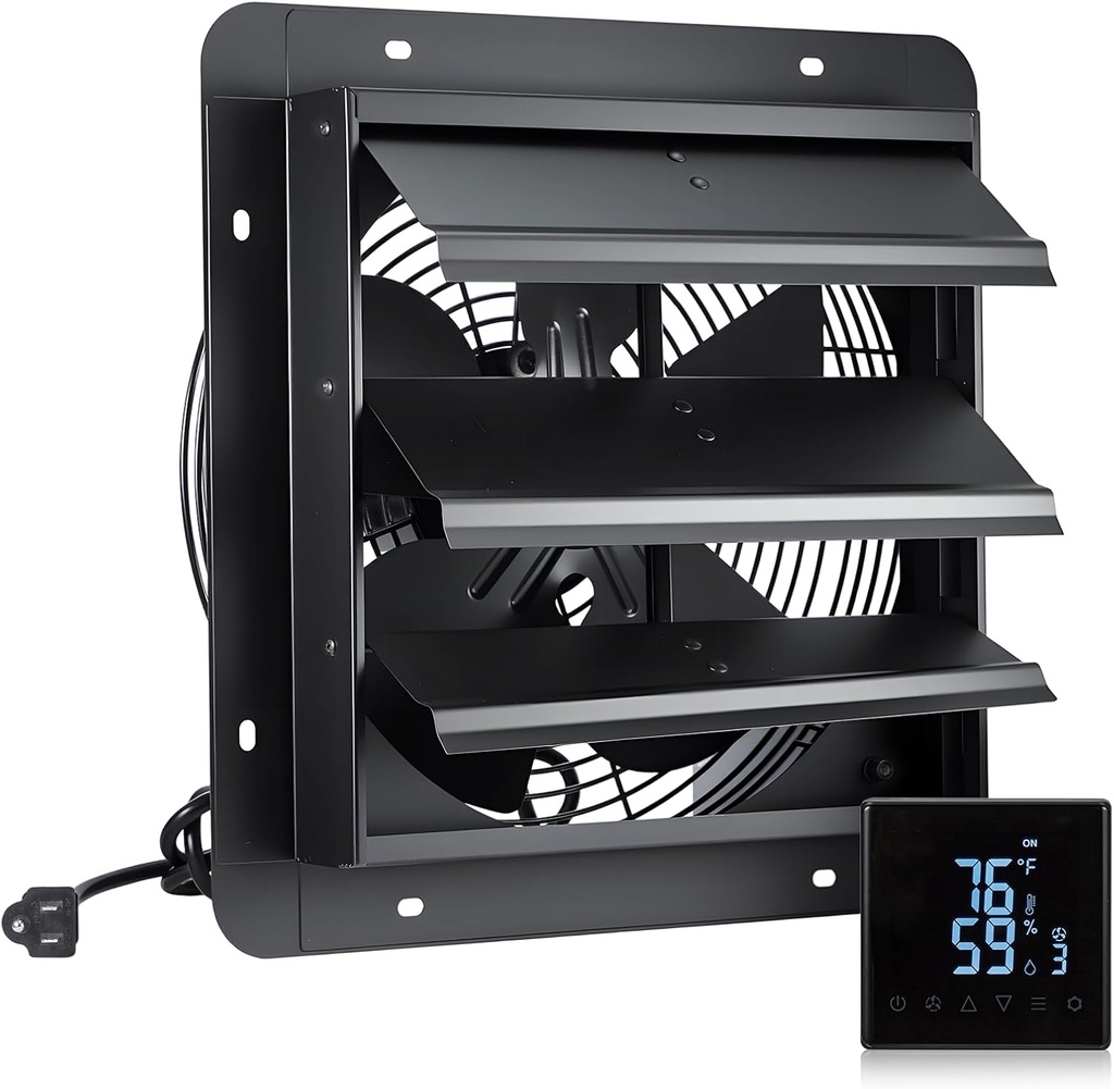 GROWNEER 12 Inch Shutter Exhaust Fan with Temperature Humidity Controller, 1200 CFM Remote Control Vent Fan, 10-Speed Adjustable Wall Mount Attic Fan for Greenhouses Garages Sheds