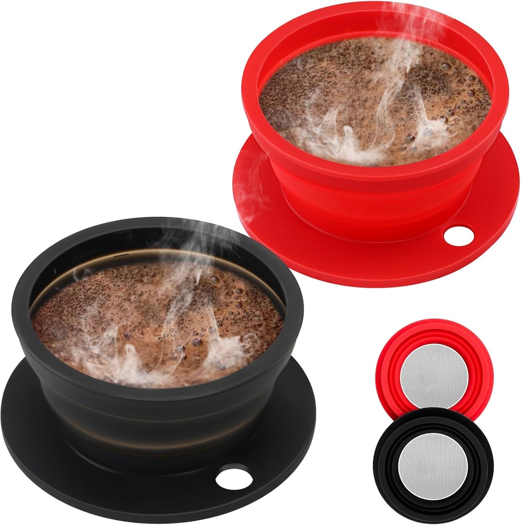 2-Packs Paperless Collapsible Travel Pour Over Coffee Maker with Metal Filter - Single Serve Camping Pour Over Coffee Maker Set - Travel Collapsible Pour Over Coffee Dripper kit (Black+Red)