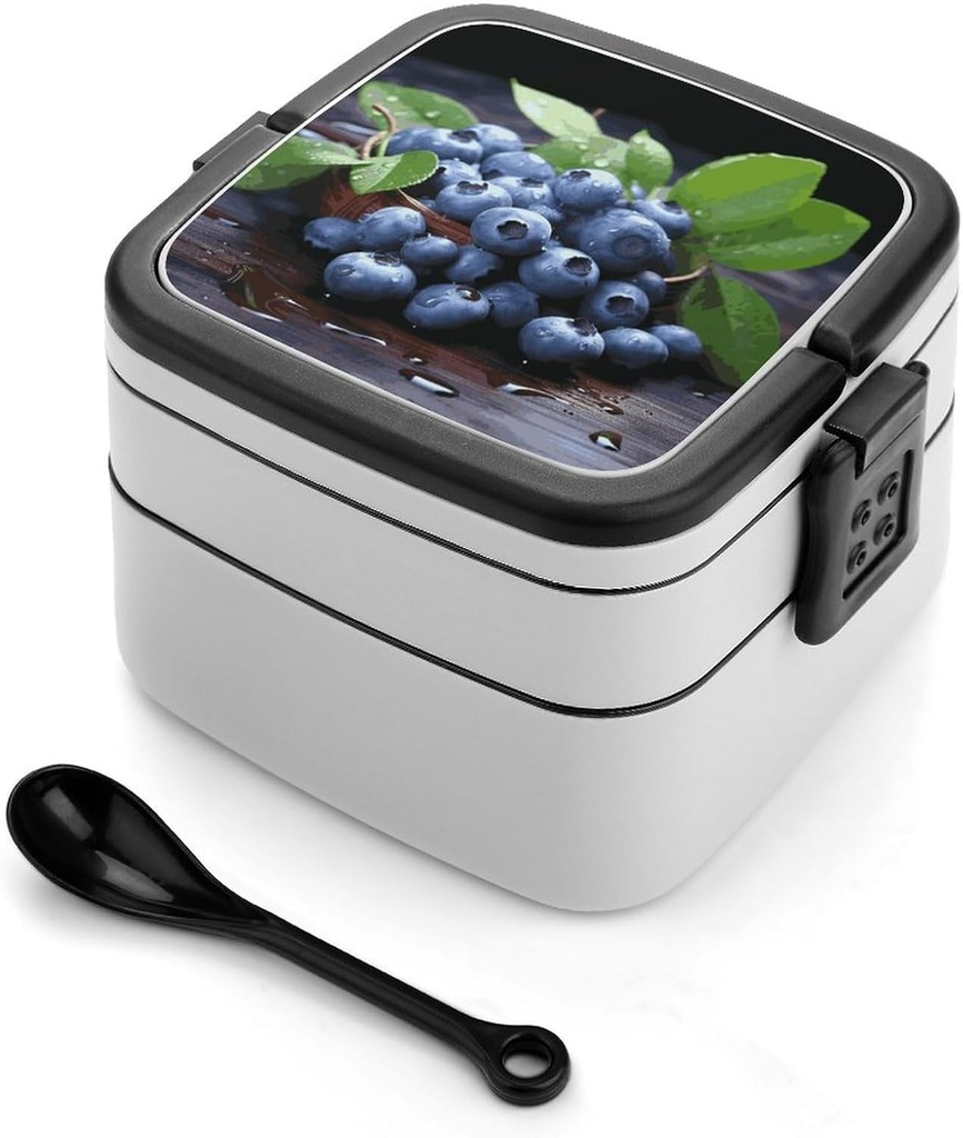 Delicious Blueberries Bento Box Adult Lunch Box All-in-One Lunch Containers with Removable Compartments Double Layer Bento Lunch Box with Spoon And Handle Stackable Lunchbox