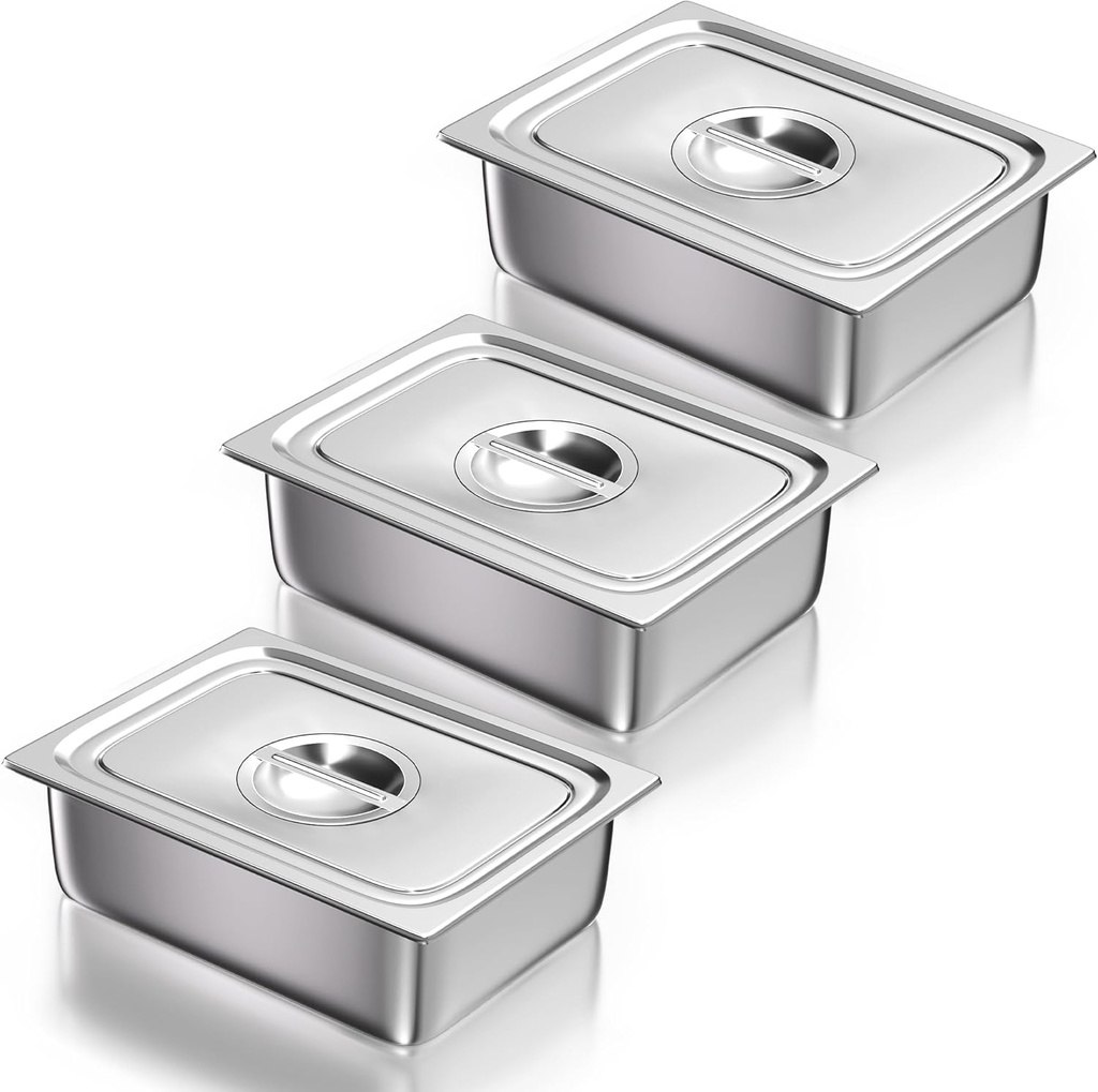 WantJoin Steam Table Hotel Pans with Lid 3 Pack 1/2 Half Size, Stainless Steel Metal Tray Sets Food Storage Container, Restaurant Chafing Dishes Commercial Buffet Warmer Catering Supplies