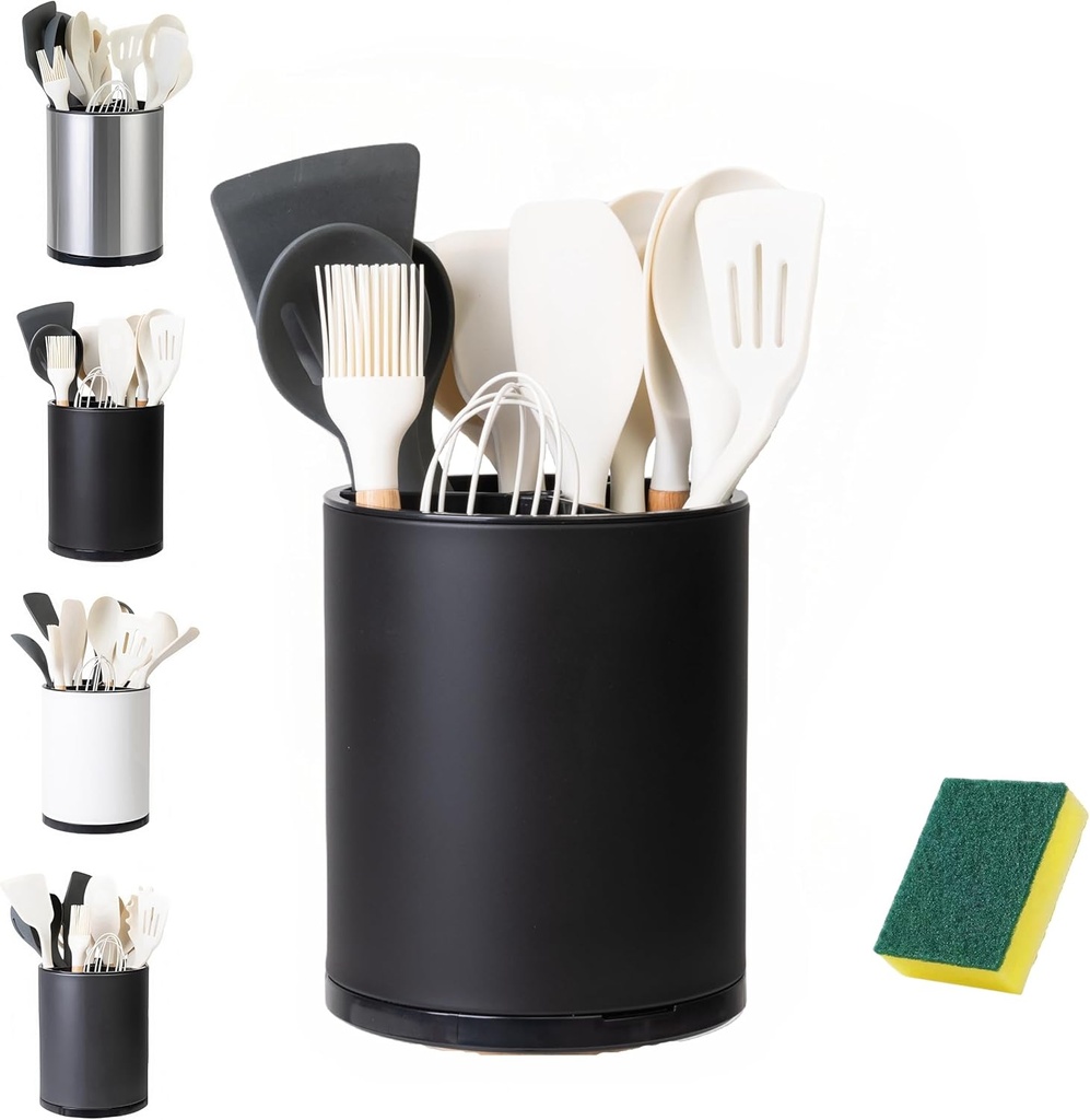 Utensil Holder,Large 360°Rotating Kitchen Utensil Holder For Counter,Cooking Silverware Organizer Stainless Steel Caddy Flatware Spoon Spatula Tool Cutlery Container
