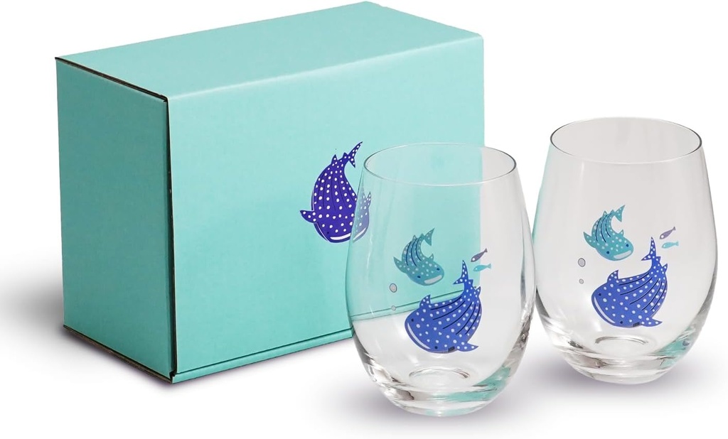 Japanese Whale Shark Glass Tumbler Set – 17.9 fl oz (530 ml) – Made in Japan, Ocean Design, Gift Boxed, Set of 2