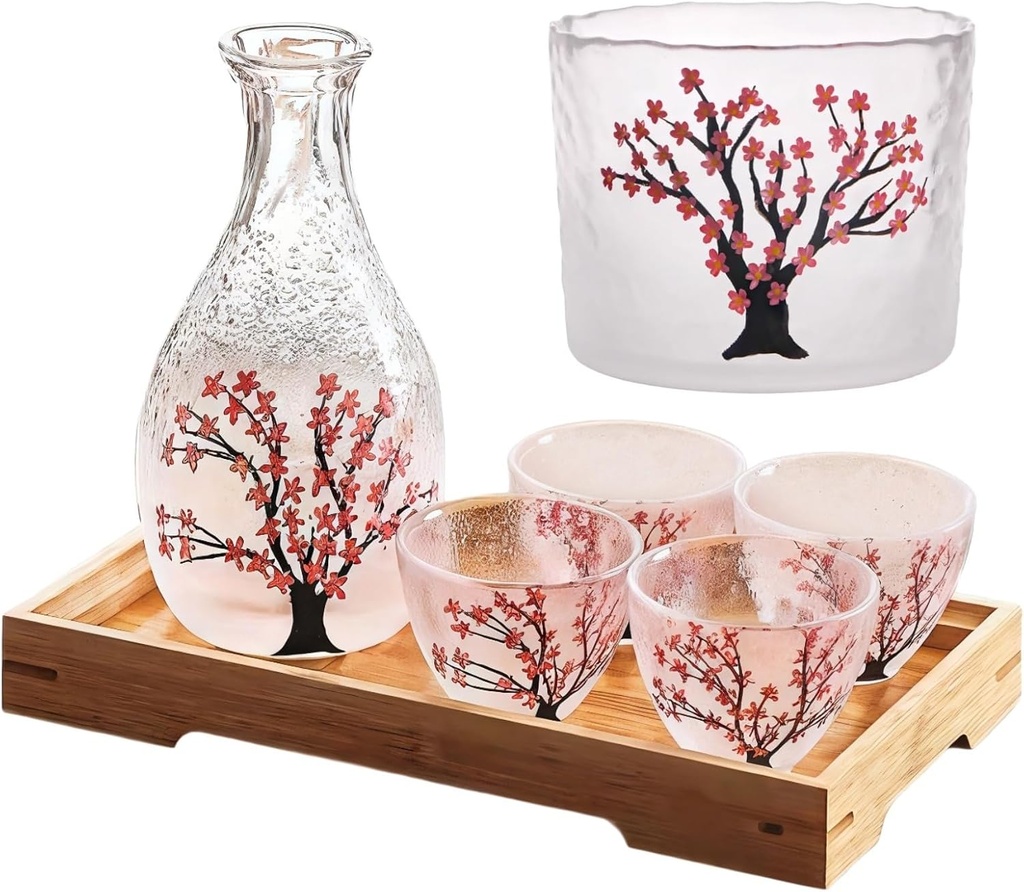 Handcrafted Sake Set With Cherry Blossom Design – Glass Carafe, 4 Cups & Warmer For Sake, & Liquor Tastings