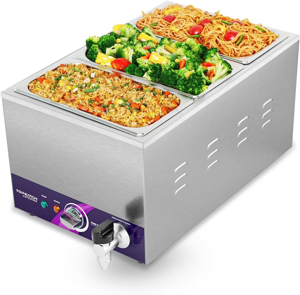 3-Pan Commercial Food Warmer with Non-Leakage Stretch-Forming Water Tank &3 of 1/3 Size GN Pan,Countertop Soup Station Bain Marie with Drain Tap for Buffet,Catering,Parties and Restaurants