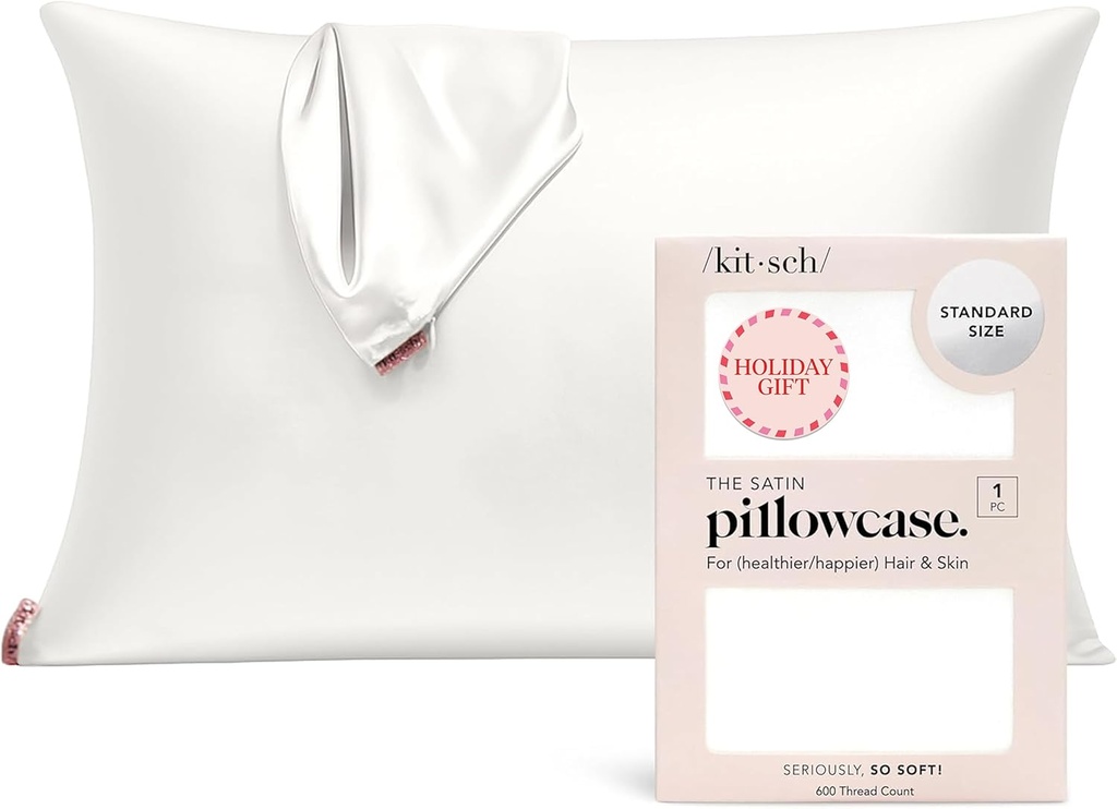 Kitsch Satin Pillowcase with Zipper for Hair & Skin, Softer Than Silk Pillow Cases Standard Size, Wrinkle-Free, Smooth and Cooling Satin Pillow Covers, 19"x26" - Ivory