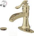 Brushed Gold Bathroom Faucet, Waterfall Bathroom Sink Faucet, 1 Hole Single Handle Farmhouse Lavatory Vanity Deck Mount Vintage with Pop Up Drain with Overflow Parts Mixer Tap