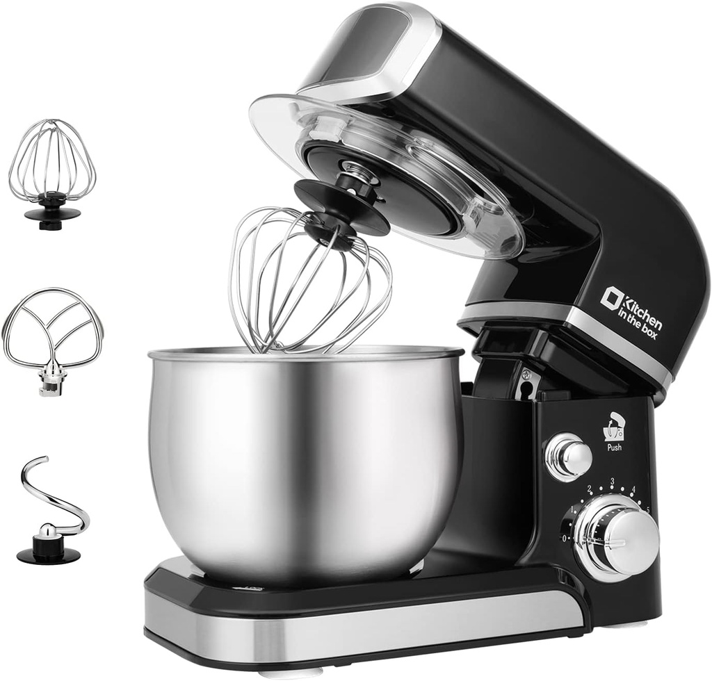 Kitchen in the box Stand Mixer,3.2Qt Small Electric Food Mixer,6 Speeds Portable Lightweight Kitchen Mixer for Daily Use with Egg Whisk,Dough Hook,Flat Beater (Black) (Renewed)