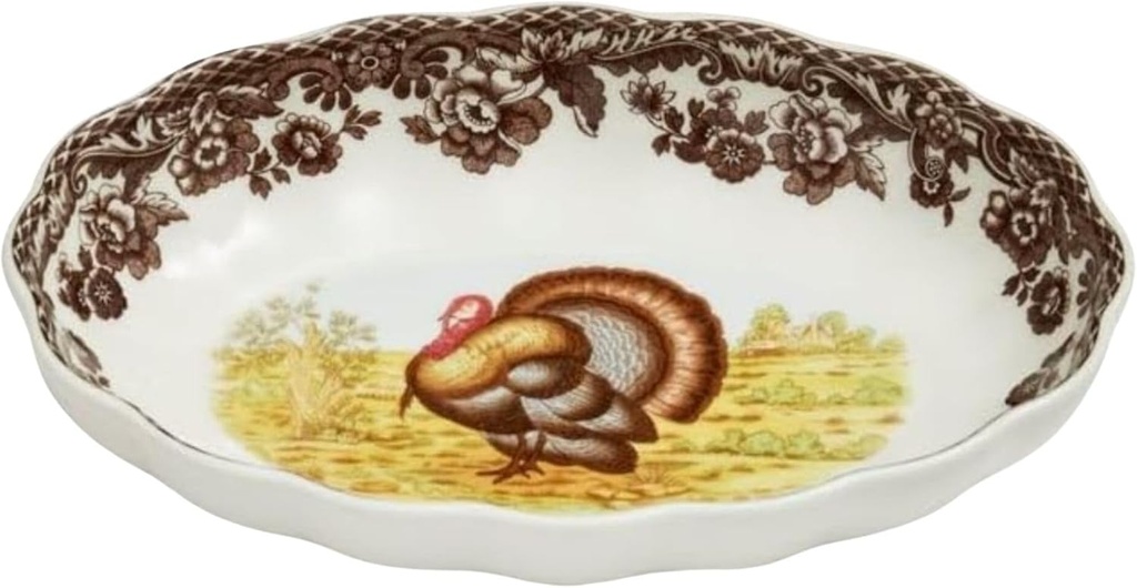 Spode Woodland Turkey Oval Fluted Dish - Porcelain Thanksgiving Tray, Serve Appetizers or Desserts with Archival Floral Border, 6 Inch Oval Sideboard Dish - Oven, Microwave, Freezer Safe