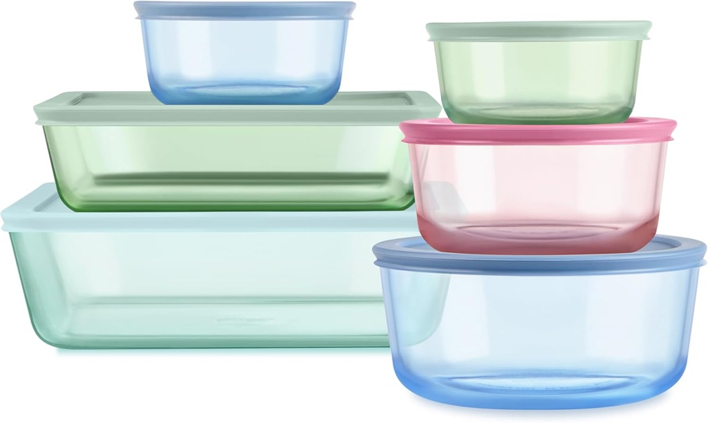 Pyrex Colors (6-Pack, Full Set) Tinted Glass Food Storage Container Set, Snug Fit Non-Toxic Plastic BPA-Free Lids, Freezer Dishwasher Microwave Safe, 3 Cup, 6 Cup & 11