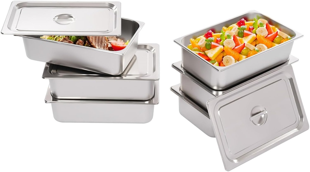 6 PCS Stainless Steel Hotel Pans Full Size 6 Inch Deep with Lids, 1/1 Size Restaurant Steam Table Pans Commercial Cookwares Food Storage Containers, Stackable Metal Steamer Pan
