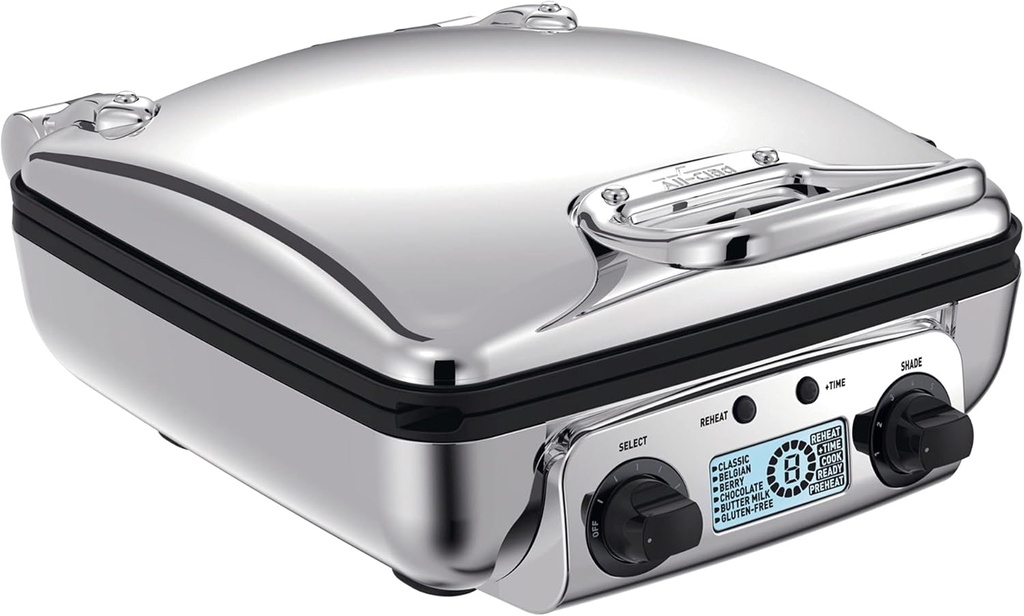 All-Clad Electric Stainless Steel Waffle Maker 4 slice, Digital screen and audible beep alert 7 Browning Levels, Square, Belgium Waffle, Removable Plates, Dishwasher Safe Silver