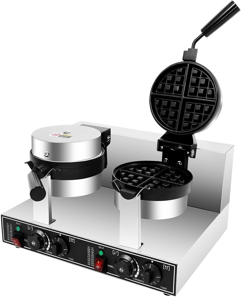 Commercial Waffle Maker,Waffle Iron with Temp and Time Control,2400W Non-stick Electric Dual-Head Round Waffle Baker Machine for Restaurants, Waffle Houses, and Carnival Events