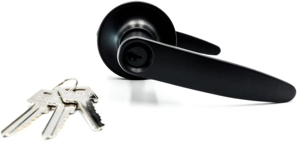 OKAR Matte Black Door Handle Entry Privacy Bath and Bedroom Door Lever, Lock Interior with Key Locksets,Reversible Flat Lever with Round Rosette, with Elegant Design and Finish