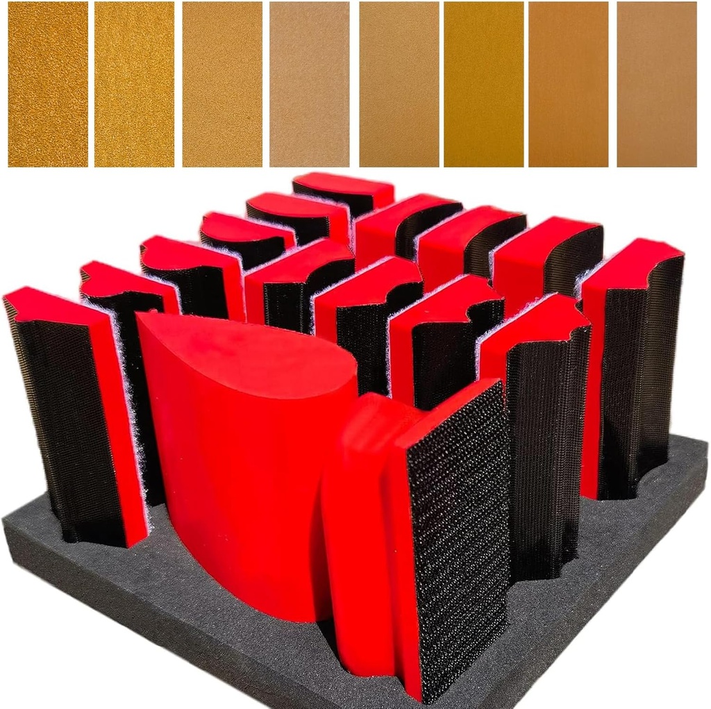 16-Piece Contoured Profile 4" Hand Sanding Block Set with 40 Sheet Hook & Loop Sandpaper Kit - Interchangeable Assorted Convex & Concave Shapes for Woodworking Furniture, Auto Paint and Crafts