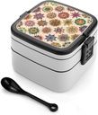 Stars And Flowers Bento Box with Compartments Double Layer Bento Lunch Box with Spoon And Handle All-in-One Adult Lunchbox Leakproof Lunch Container for Work Picnic Travel