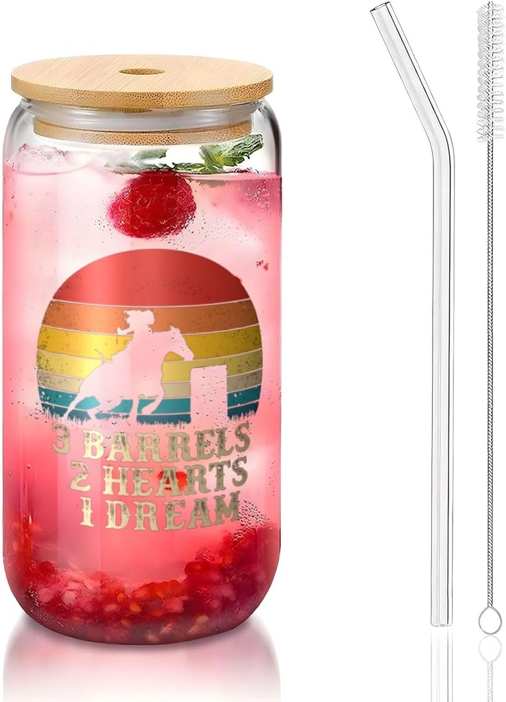 Barrel Racing Horse 16 Oz Drinking Glasses With Bamboo Lids,Glass Straw And Cleaning Brushes Glass Tea Cup For Iced Coffee,Smoothie,Cocktail,Beer,Whiskey,Soda,Matcha