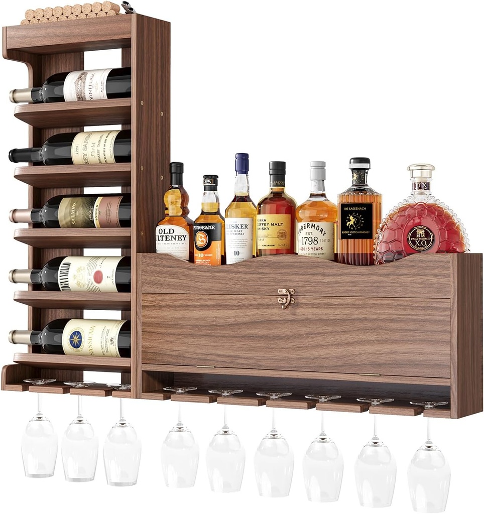 Wall Mounted Wine Rack&Liquor Bottle Shelf-Ash Wood Wine Rack Wall Mounted with Glass Holder and Storage Cabinet-Separable Wall Wine Rack with Cork Storage for Home Bar,Dining Room,Wine Cellar
