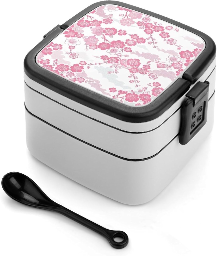 Japanese Flower Pattern Bento Box - Double Layer, Leakproof Food Containers with Partition & Spoon, Stackable Lunch Box for Office, Travel, Camping