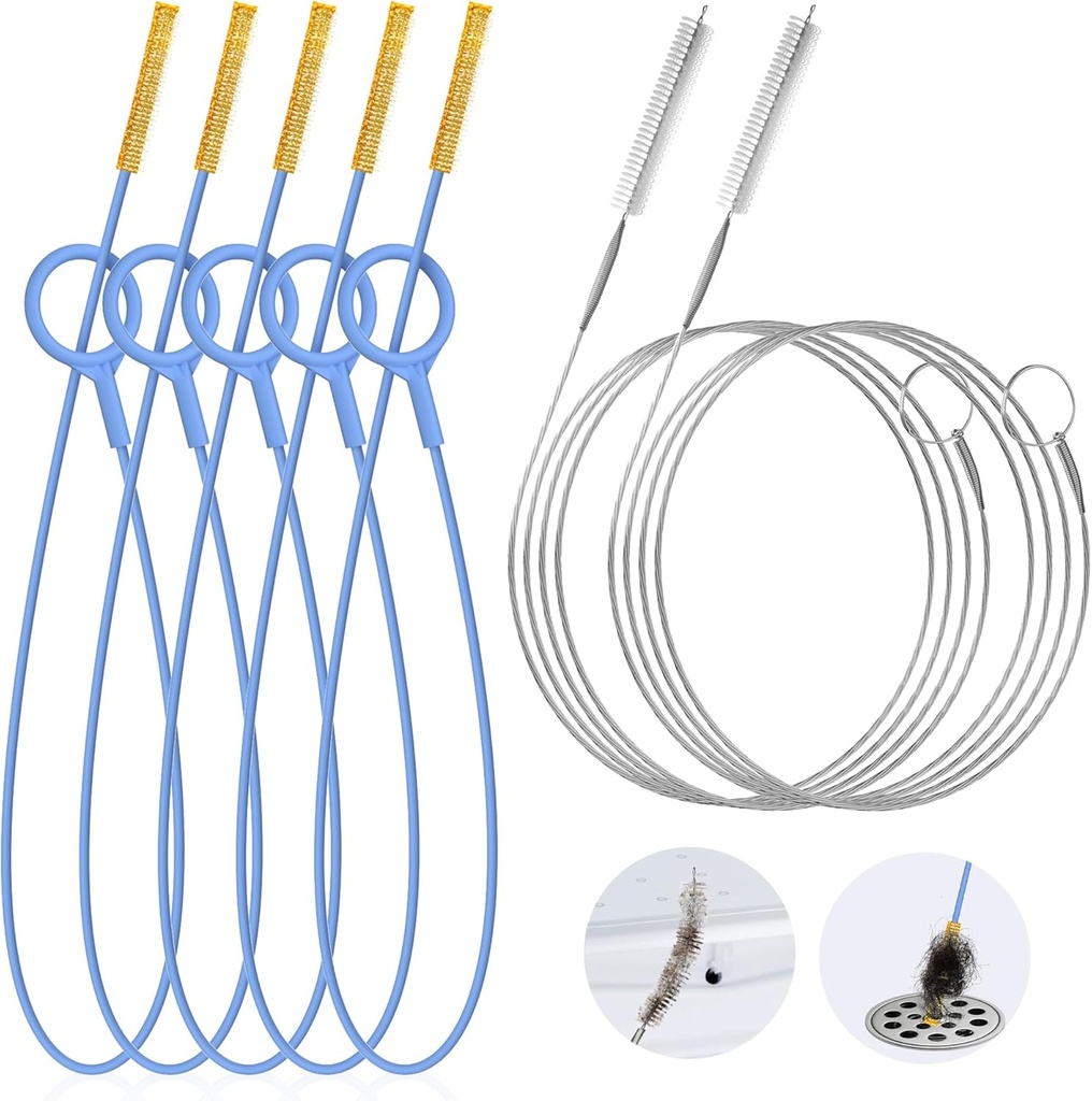 7 Pack Snake Hair Drain Clog Remover Tool, 30 Inch Flexible Anti-break Steel Drain Hair Removal Tool & 59 Inch Cleaning Brush, Sink Cleaner Tool for Sink, Shower, Bathtub & Pipes