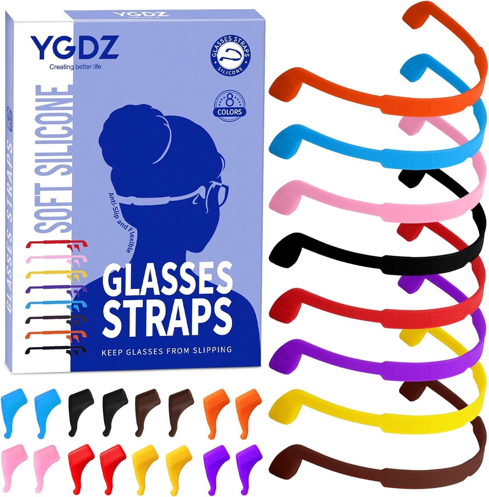 YGDZ Glasses Strap, 8 Pack Kids Eyeglasses Sunglasses String Strap Glasses Band Holder Eyewear Retainer, Silicone Elastic Sports Toddlers Glasses Strap with Ear Grip Hooks, 8 Colors