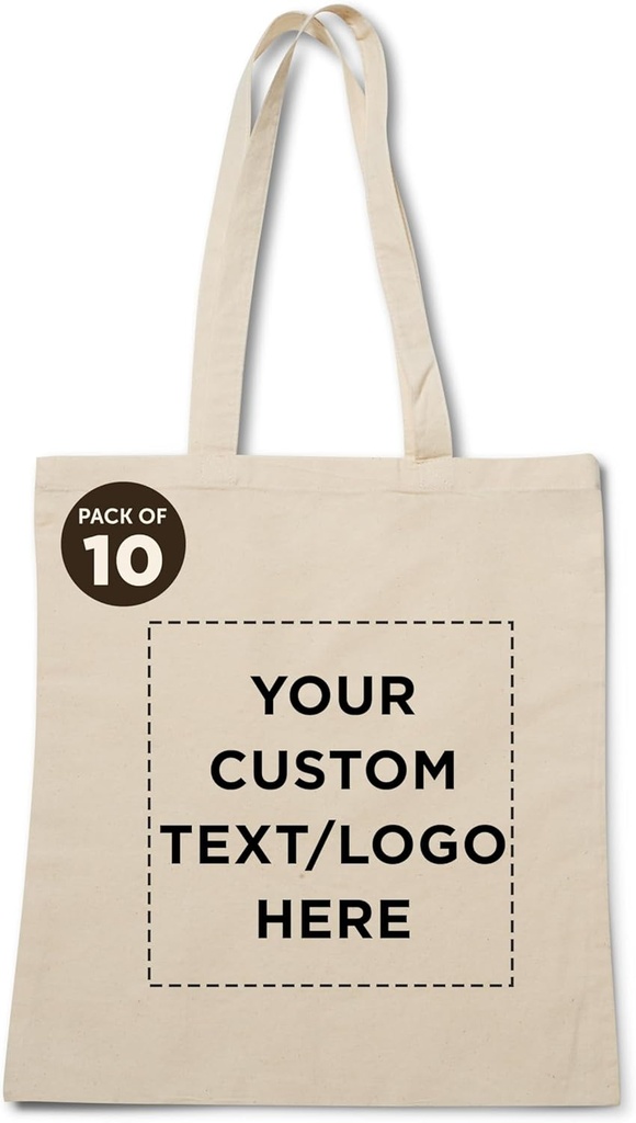 DISCOUNT PROMOS Custom Natural Cotton Fiber Tote Bags (Set of 10) - Personalized, Reusable & Eco-Friendly - Perfect for Grocery, Promotions, Branding - Natural Color, 14.5"X16", 5 OZ Cotton