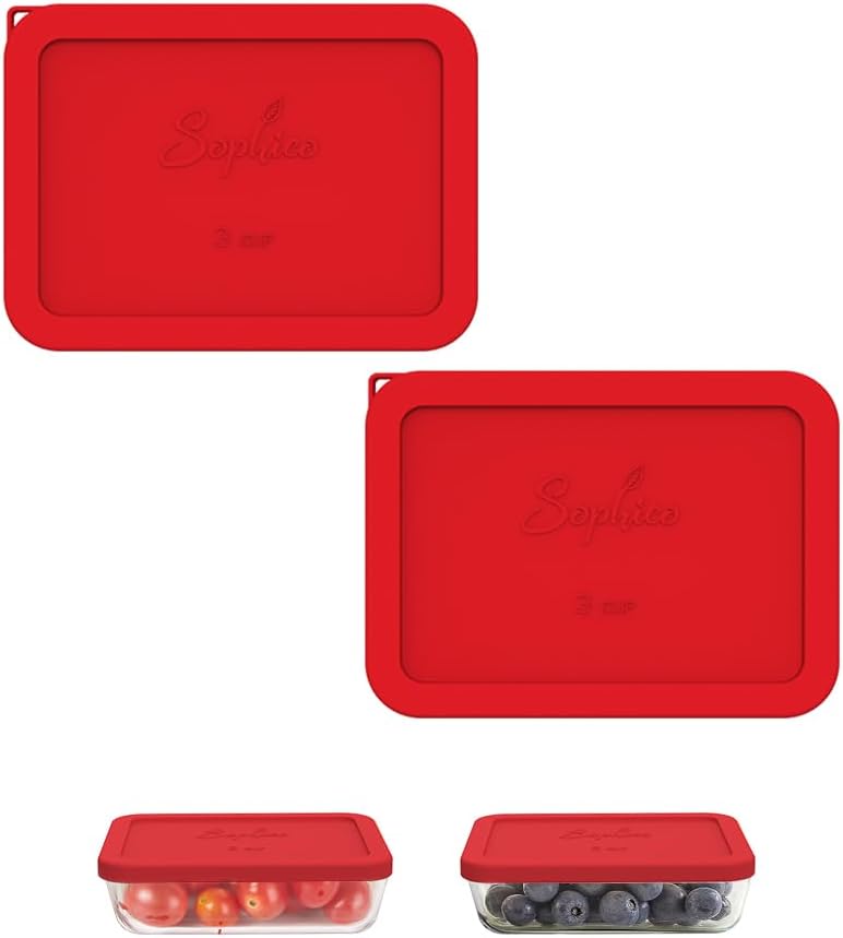 Sophico 3 Cup Rectangle Silicone Storage Cover Lids Replacement for Pyrex 7210-PC Glass Bowls, Container not Included (RED, 2 Pack)