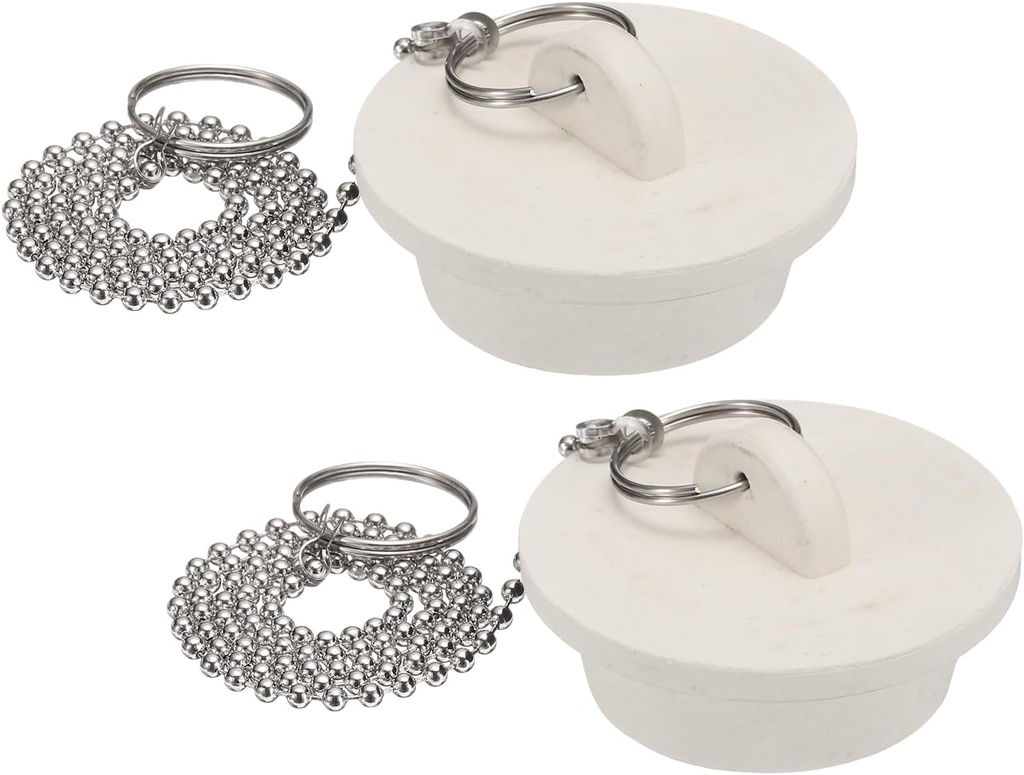 uxcell 2Pcs White Rubber Bathtub Stoppers, 1-1/2" Kitchen Sink Drain Stopper, Bathroom Drain Plug with Pull Ring and 15" Stainless Steel Beaded Chain