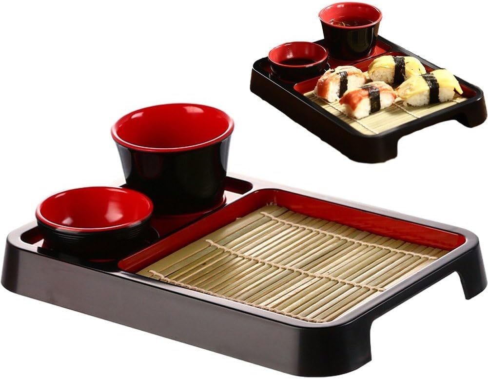Japanese Soba Noodle Plates with Dipping Cup Set Drain Mat Sushi Serving Trays for Home Restaurant Kitchen