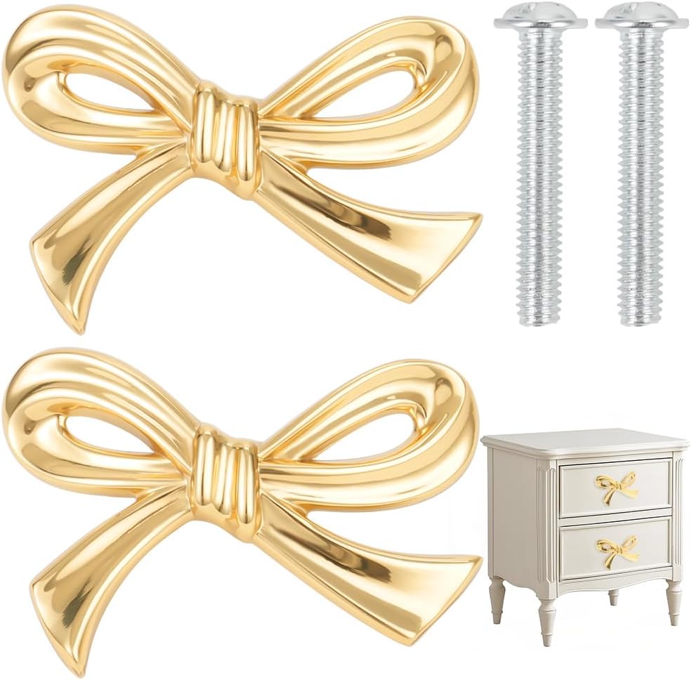 2 PCS Gold Bow Drawer Knobs, Bow Cabinet Knobs with Screws, Decorative Bowknot Drawer Pulls, Vintage Brass Gold Dresser Handles for Home Bedroom Kitchen Furniture Hardware Cupboard Wardrobe