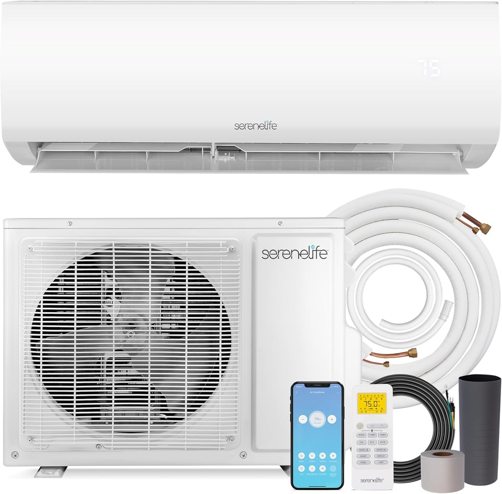SereneLife 12,000 BTU Mini Split AC & Heating System, 230V Indoor & Outdoor Wall-Mounted Units with WiFi, Installation Kit Included for Home, Office & Bedroom, Up to 550 Sq. Ft. Coverage