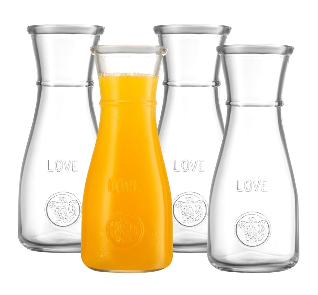 Carafe Pitcher Glass 500 ml - Glass Water Pitcher & Water Carafe - Love Elegant Wine Decanter & Mimosa Bar Set - Easy Grip Neck & Wide Mouth for Pouring (4 Pack)