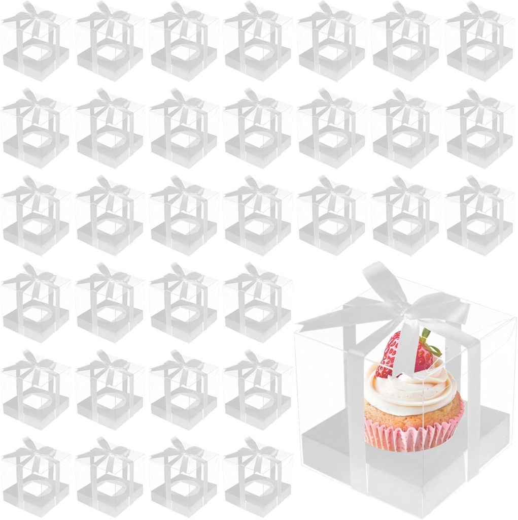 Clear Cupcake Boxes 50 Pcs, 3.5X3.5X3.5 Individual Single Containers Inserts & Ribbons with, Transparent Dessert Carriers Pet Single Parties, for Weddings, and Birthdays
