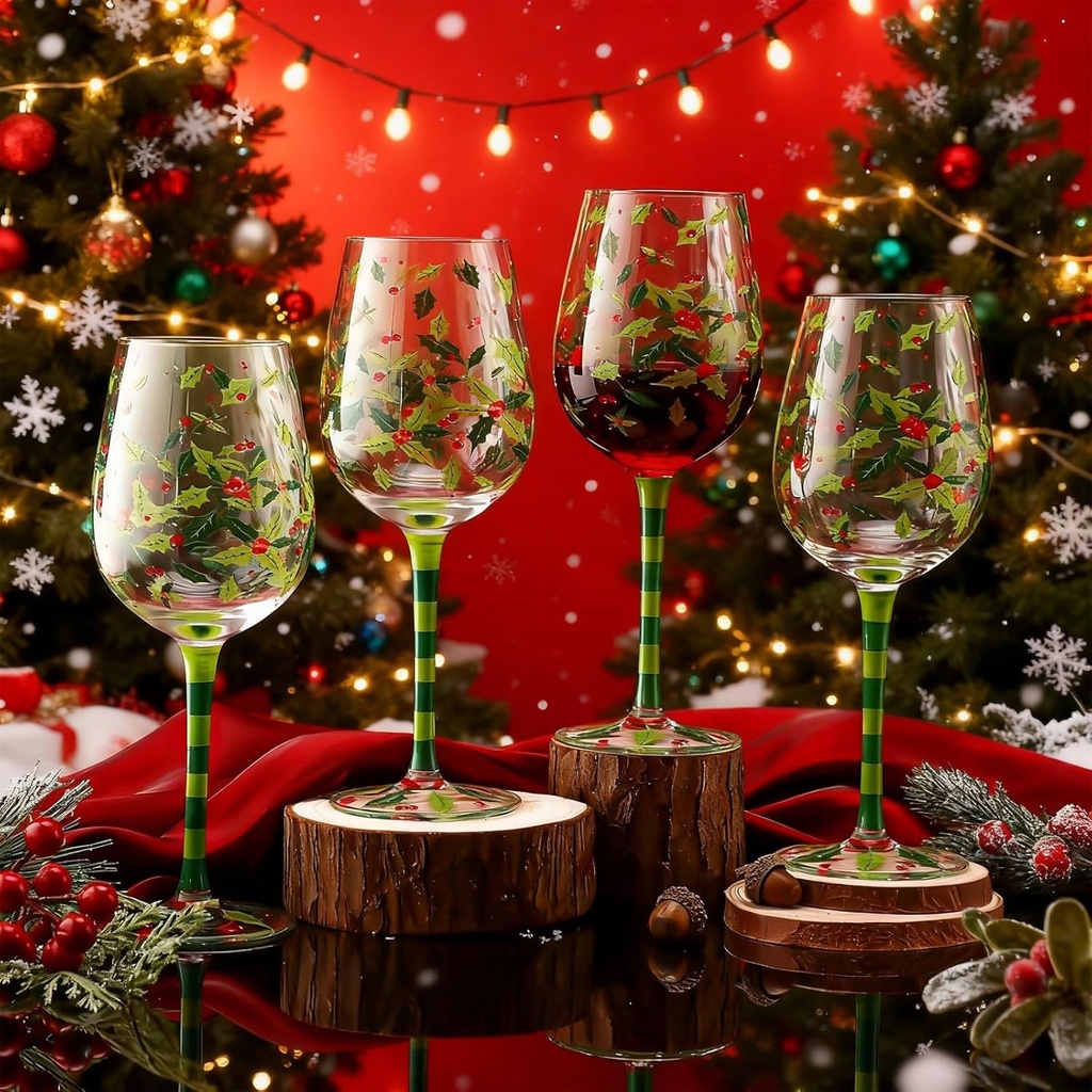 4 Pcs Christmas Holly Berry Party Stemmed Wine Glasses Hand Painted Drinking Cup Wine Glasses Gifts for Birthday Theme Holiday Party Supplies