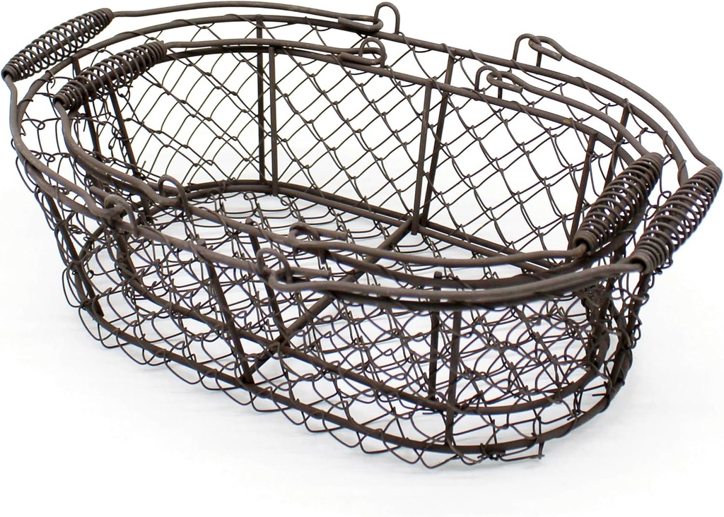 CVHOMEDECO. Oval Metal Wire Egg Basket Wire Fruit Basket with Handle Primitives Vintage Style Storage Basket. Rusty, Set of 2