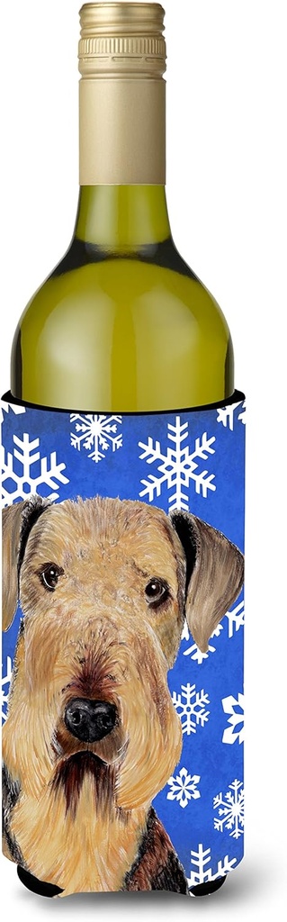 Caroline's Treasures SC9373LITERK Airedale Winter Snowflakes Holiday Wine Bottle Hugger Bottle Cooler Sleeve Hugger Machine Washable Collapsible Insulator Beverage Insulated Holder