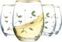 Gusto Buono 23 oz Holiday Stemless Wine Glasses Set of 4 - Italian Handmade Borosilicate with Red & Green Holly Leaf Design Christmas Dinnerware